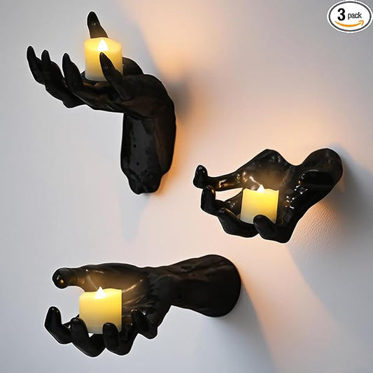 Gothic Wall Decor, Set of 3 Wall Mounted Creepy Ghost Hands with Tea Lights Candles, Spooky Goth Decor Black Horror Reaching Ghost Hands for Halloween Spooky Hainging Decorations