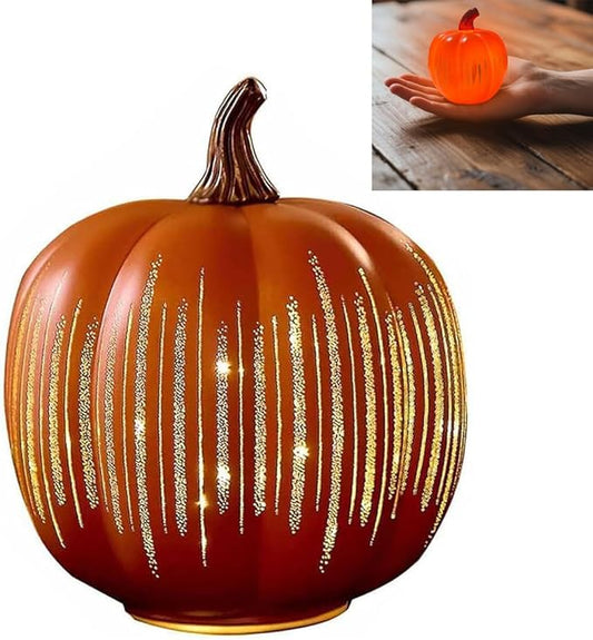 Starry Night Pumpkin, Twinkle Light Resin Pumpkins, One-Button Switch Control, Built-in LED Light, Indoor Glowing Night Light, Halloween Decor for Home (Orange)