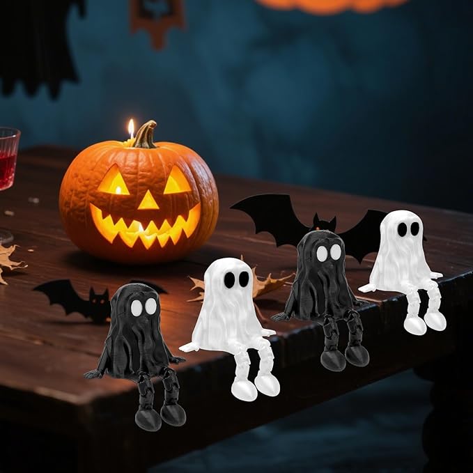 4Pcs Halloween Decorations,Ghost Decor Shelf Sitter Decorations, Outdoor,3D Printed Resin Statue, Joint Movable Figurines Bookshelf/Desk Centerpiece Shelf & Mantel Display for Halloween