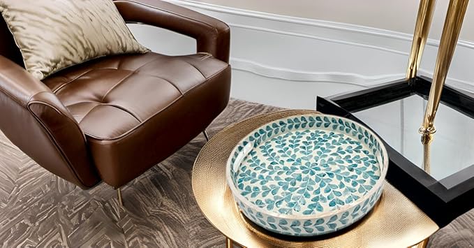PEMAR 12.6” Mother of Pearl Round Serving Tray with Handles, Decorative Nacred Wooden Ottoman Coffee Table Tray (Teal Floral Pattern)