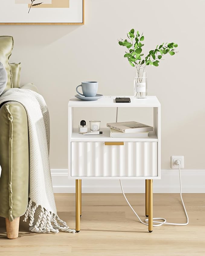 Masupu Nightstand with Charging Station,Mid-Century Modern Bedside Table with Storage Drawer and Open Wood Shelf,Small Gold Frame Side Table for Bedroom,Living Room (White Fluted)