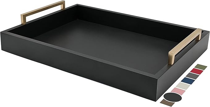 Decorative Coffee Table Tray - Ottoman Tray - Breakfast, Drinks, Liquor Serving Platter - from Farmhouse to Modern - Matte Finish - Champagne Gold Handles - Pitch Black Tray
