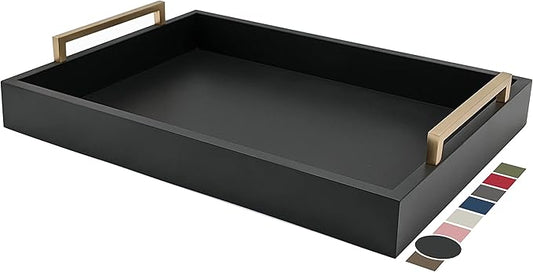 Decorative Coffee Table Tray - Ottoman Tray - Breakfast, Drinks, Liquor Serving Platter - from Farmhouse to Modern - Matte Finish - Champagne Gold Handles - Pitch Black Tray