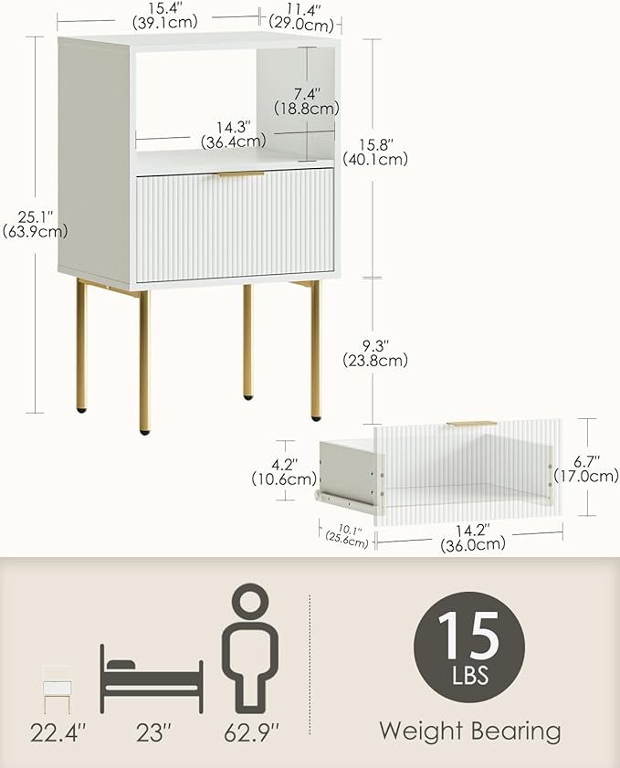 Masupu Night Stand, Mid-Century Bedside Table with Storage Drawer and Open Wood Shelf, Small Gold Frame Flueted Nightstand, Side Table for Bedroom, Living Room, White(Tall 25'')