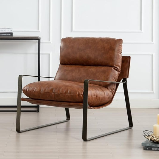 Mid-Century Accent Chair, Comfy PU Leather Side Chair with Armrest, Upholstered Leisure Chair with Bronze Metal Frame for Living Room Reception Room, 1PC, Brown