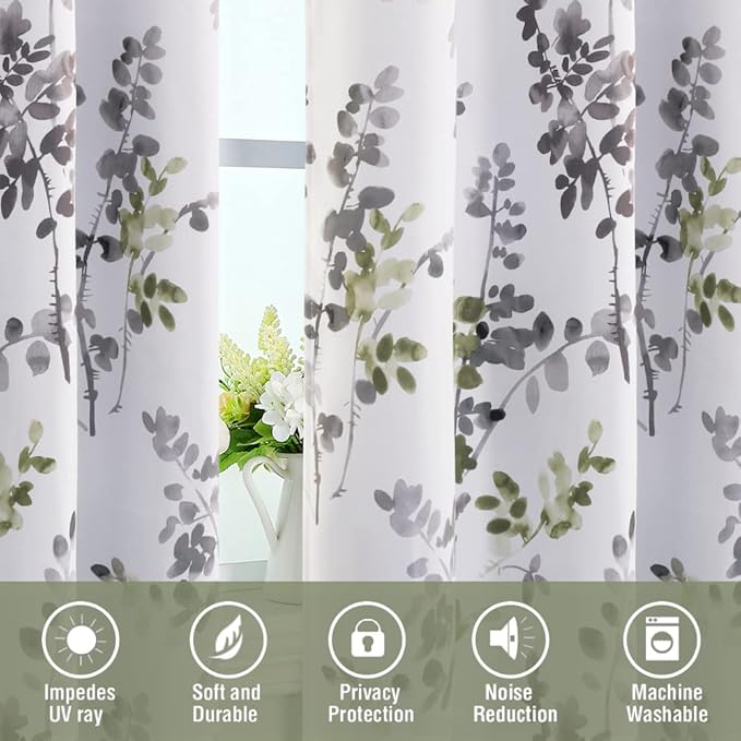 H.VERSAILTEX Floral Curtains 63 Inches Long Printed Pattern Room Darkening Curtains for Bedroom Rod Pocket Window Treatment Curtains, 2 Panels, Classical Floral Grey and Sage