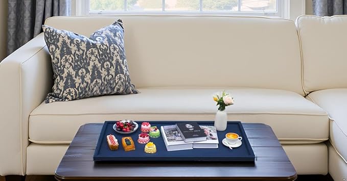 40 * 20 Inch Rectangular Ottoman Tray | Textured PU Leather, Waterproof & Heat-Resistant Storage for Coffee/Dining Tables, Sofa, Bed, Entertainment & Party (Navy Blue, 40 * 20in)