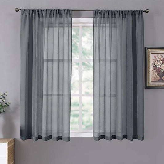 Tollpiz Short Sheer Curtain Linen Textured Living Room Curtains Sheer Light Filtering Rod Pocket Voile Curtain for Bedroom, 42 x 54 inches Long, Dark Grey, Set of 2 Panels