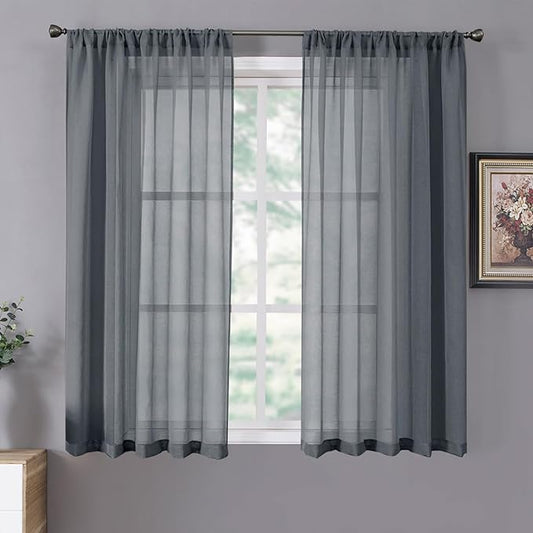 Tollpiz Short Sheer Curtain Living Room Linen Textured Curtains Sheer Light Filtering Voile Rod Pocket Curtain for Bedroom, 38 x 54 inches Long, Dark Grey, Set of 2 Panels