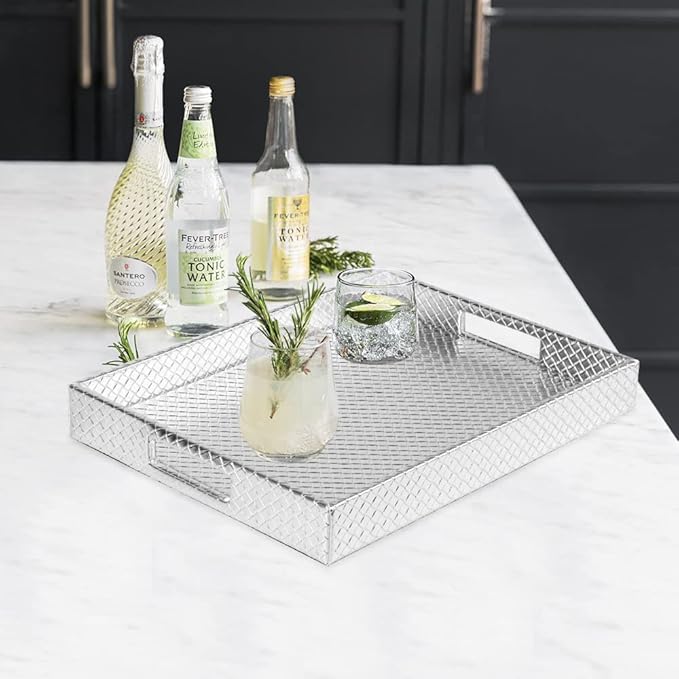 HofferRuffer Rectangle Serving Tray with Hole Handles for Coffee Table, Breakfast, Tea, Food, Butler - Countertop, Kitchen, Vanity Serve Tray, 16.2 x 12.2 x 2 inches, Faux Leather (Silver)