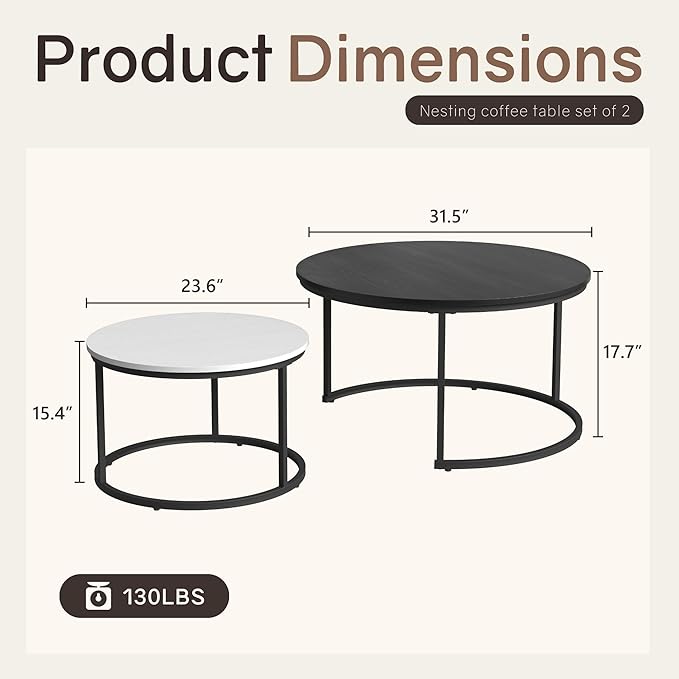 Nesting Tables Set of 2, 31.5" Round Coffee Table, Small Nesting Coffee Table with Adjustable Non-Slip Fee, Wood Grain Top Nesting Tables for Living Room, Bedroom (Wood Grain Black&White)