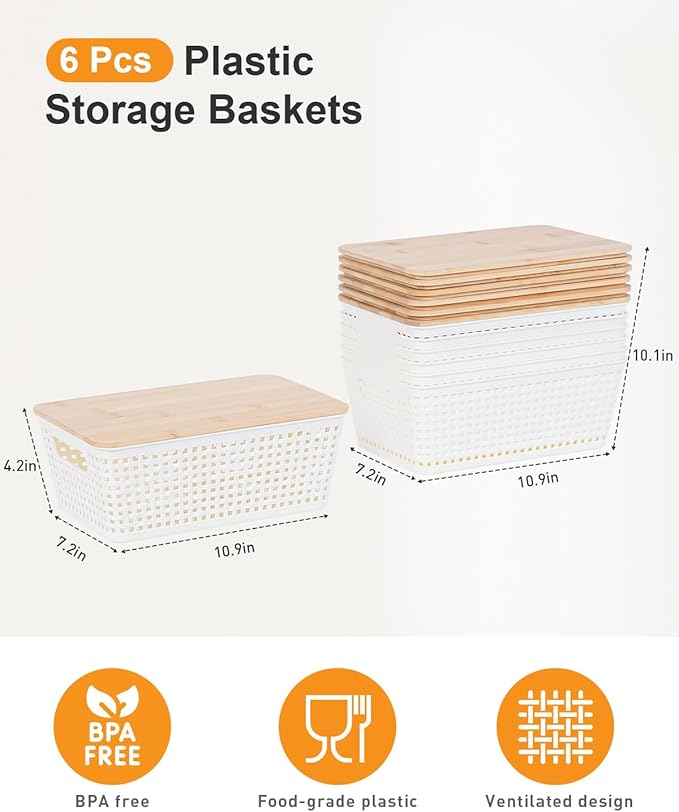 Storage Bins with Lids 10 Packs, Plastic Storage Bins with Bamboo Lids for Pantry Organization and Storage Containers for Shelves Drawers Desktop Closet Playroom Classroom Office Home, White