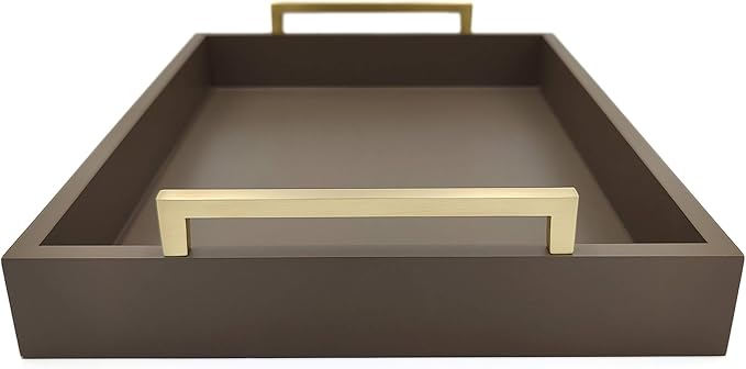 Decorative Coffee Table Tray - Ottoman Tray - Breakfast, Drinks, Liquor Serving Platter - from Farmhouse to Modern - Matte Finish - Champagne Gold Handles - Mocha