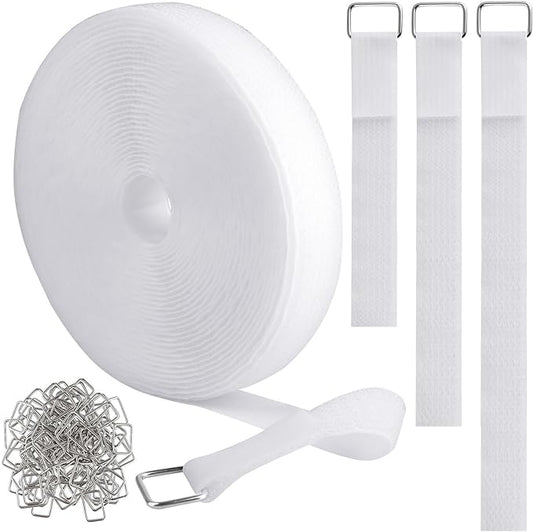 1"x32ft Hook and Loop Straps with 50 Metal Buckles, Adjustable Fastening Cable Straps, Cut-to-Length Cinch Strap, Reusable Nylon Securing Cord Ties for Organizer or Storage, 1 inch Wide, White