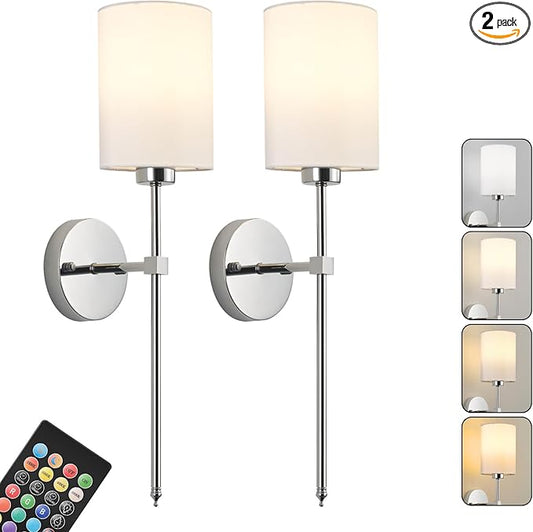 Battery Operated Wall Sconce Set of Two,Wireless Rechargeable Wall Light With Remote Control, Dimmable, 1800K/3000K/4000K/6000K/RGB, Timer, for Living Room, Bedroom, Fireplace, TV, 26.8 Inch, Chrome
