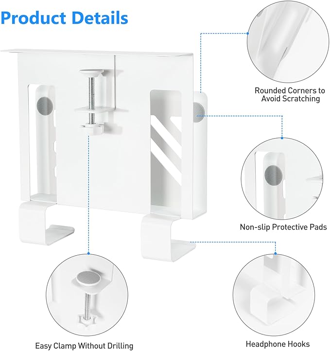 MAXECHO Desk Side Storage, Under Desk Laptop Mount, Table Side Hanging File Organizer, No Drill Clamp On Cable Management Tray, Laptop Holder with 2 Hooks for Office and Home, Load 22 Lbs