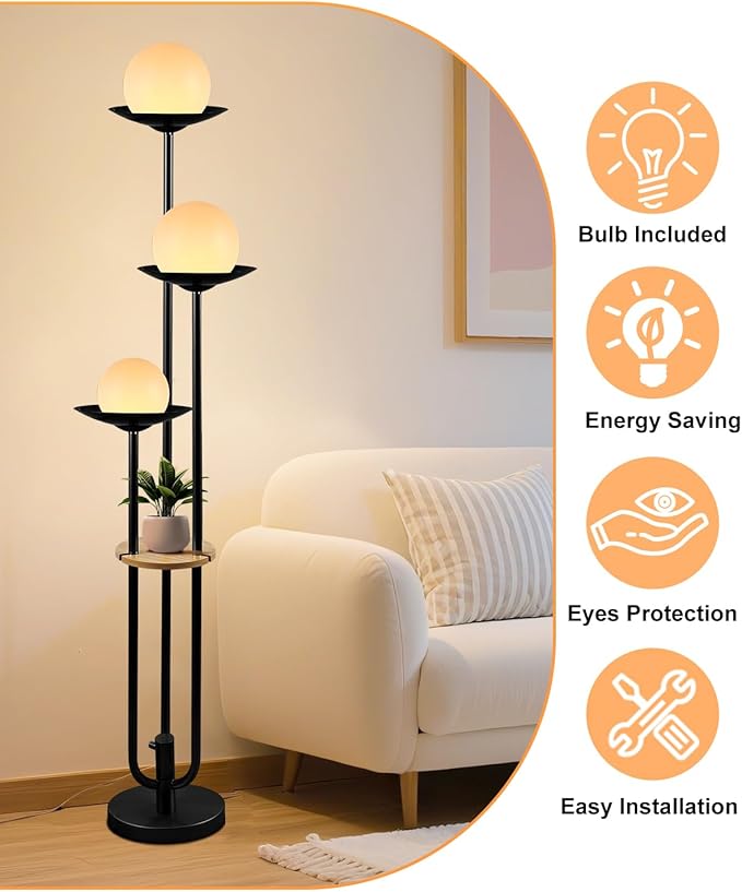 Lightdot 63IN Globe Floor Lamp with Shelf 3-Lights Modern Dimmable Floor Lamps with 3000K Soft Warm White Bulbs for Wedding/Party, Black Tall Standing Lamp for Living Room/Bedroom