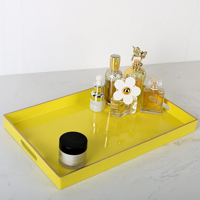 Zosenley Decorative Tray, Rectangular Plastic Tray with Handles, Modern Vanity Tray and Serving Tray for Bathroom, Kitchen, Ottoman and Coffee Table, 15.6" x 10.2" (Yellow)
