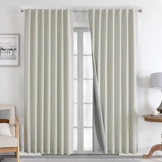 Joydeco Natural Linen Curtains 108 inch Length 2 Panels Set Burg 100% Blackout Patio Door Curtain Room Darkening Sliding Door Curtains Thermal Insulated Back tab Rod Pocket(105x108 inch, Light Beige)
