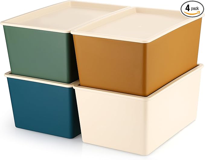 Menkxi 4 Pcs Storage Bins with Lids Plastic Containers Stackable Storage Box Baskets for Organizing Shelves(Mixed Color,Large)