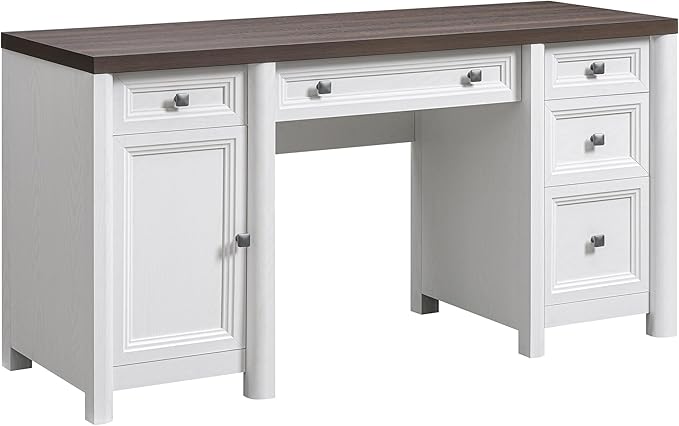 58” Executive Office Desk with Storage, White Home Office Desk with 5 Drawers, Farmhouse Writing Table with Cabinet Adjustable Shelf, White & Walnut Wooden Desk, Workspace for Study Writing