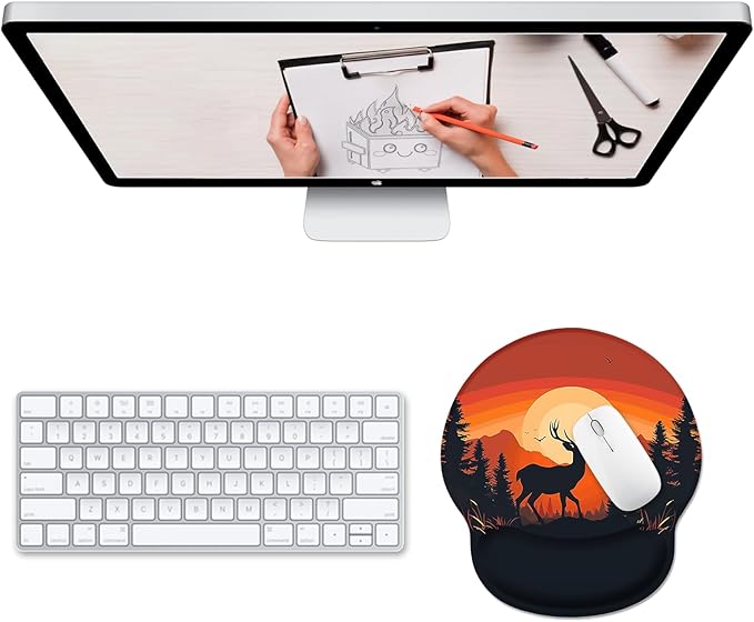 Ergonomic Mouse Pad Wrist Support, Sunset Deer Gel Mouse Pads with Wrist Rest, Comfortable Mousepad for Desk with Non-Slip Pain Relief PU Base for Gaming Work Accessories Home Office Decor