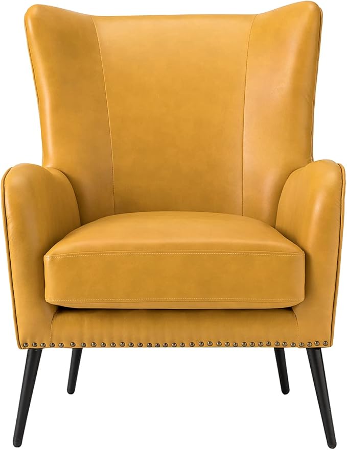 HULALA Home Faux Leather Accent Chair w/Removable Cushion, Comfy Upholstered Armchair with Black Metal Legs & Nailhead Trim Wingback Vanity Chair Desk Chair for Reading Living Room Bedroom, Yellow
