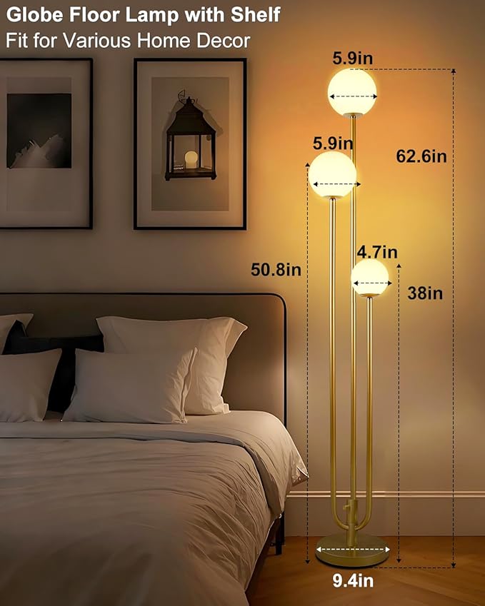 Lightdot 63IN Gold Floor Lamp Dimmable 3-Lights Globe LED Floor Lamps with 3000K Soft Warm White for Wedding/Party Candle Holder Style Tall Lamp for Living Room/Bedroom