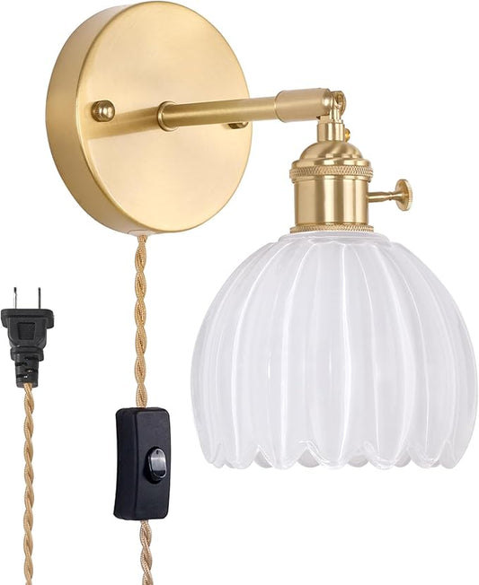 Plug in Wall Sconce, White Tulip Glass Lampshade Wall Light Plugin Corded for Bedside Bedroom Doorway
