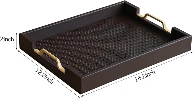HofferRuffer Faux Leather Rectangle Serving Tray Decor Platter with Gold Metal Handles for Coffee Table, Breakfast, Tea, Food, Countertop, Kitchen, Butler Tray, 16.2 x 12.2 x 2 inches (Coffee)