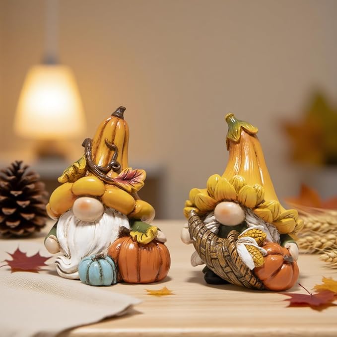 Hodao Fall Decorations for Home, 2 Pcs Thanksgiving Gnome Figurines Resin Autumn Pumpkin Gnomes Statues, Cute Fall Thanksgiving Decor for Home Table Shelf, Perfect Fall Gift for Family Friends