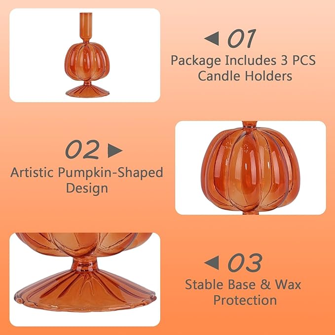 NEEDOMO Fall Decorations for Home, Set of 3 Glass Pumpkin Candlestick Holders for Thanksgiving Decor, Taper Candle Holder Fall Centerpieces for Tables Mantels Windows Indoor