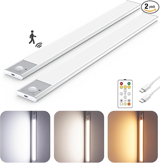 16" Ultra-Thin Under Cabinet Lighting Wireless, Aluminum Alloy Under Counter Lights for Kitchen, 3-Color-Temps Magnetic Closet Lights, Rechargeable Motion Sensor Light Indoor (2 Pack, Silver)