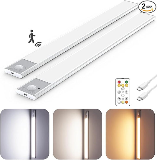 16" Ultra-Thin Under Cabinet Lighting Wireless, Aluminum Alloy Under Counter Lights for Kitchen, 3-Color-Temps Magnetic Closet Lights, Rechargeable Motion Sensor Light Indoor (2 Pack, Silver)