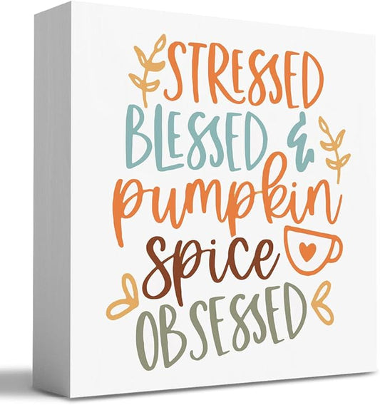 Fall Wooden Box Sign Desk Decor, 5.1 X 5.1 Inch Autumn Wood Sign for Tiered Tray Decor for Home Living Room Harvest Day Thanksgiving Tabletop Decorations - Blessed Pumpkin