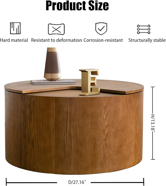 Mid - Century Modern Round Drum Coffee Table with 360° Rotating Desktop & Storage, 27.16" Walnut Small Center Table for Living Room & Home Small Spaces (Brown 27.16)