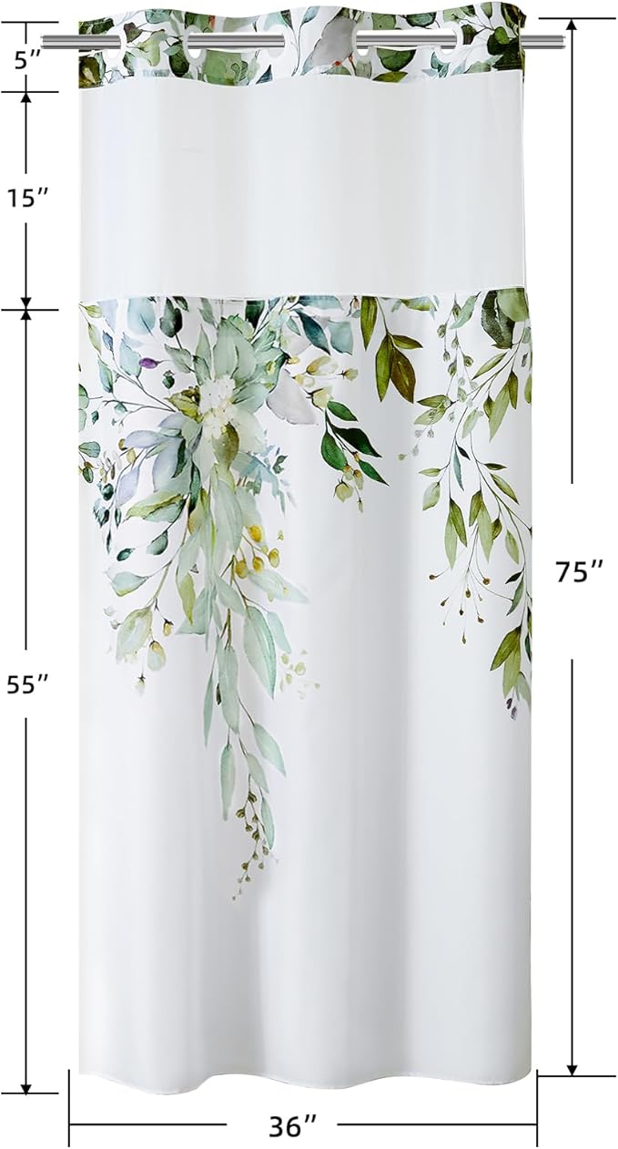 QiyI No Hook Shower Curtain with Snap in Fabric Liner, Sage Green Eucalyptus Shower Curtain with See Through Top Window, Waterproof Washable Cloth Ringless Shower Curtain Set for Bathroom, 36 x 75