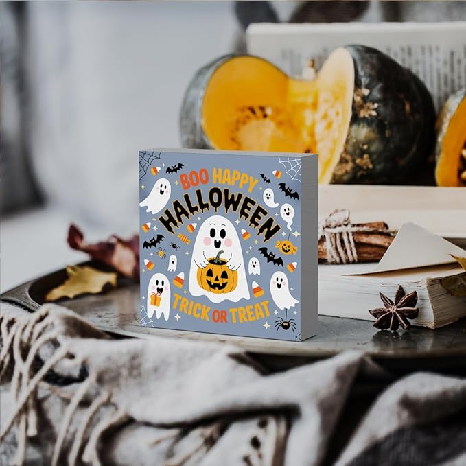 HTBIG Halloween Cute Ghost Boo Happy Hahalloween Trick OR Treat Wooden Box Sign Office Decor Room Decor Suitable family Computer Desk Dressing Table 5 x 5 Inch