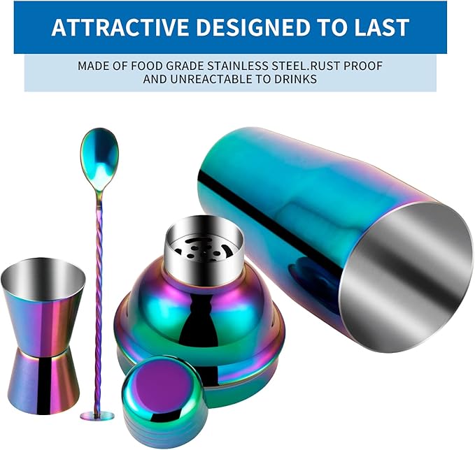 24oz Cocktail Shaker Bar Set, Martini Shaker with Built-in Strainer, Measuring Jigger, Mixing Spoon, Professional Stainless Steel Large Bartender Drink Shaker Margarita Alcohol Mixer-Rainbow