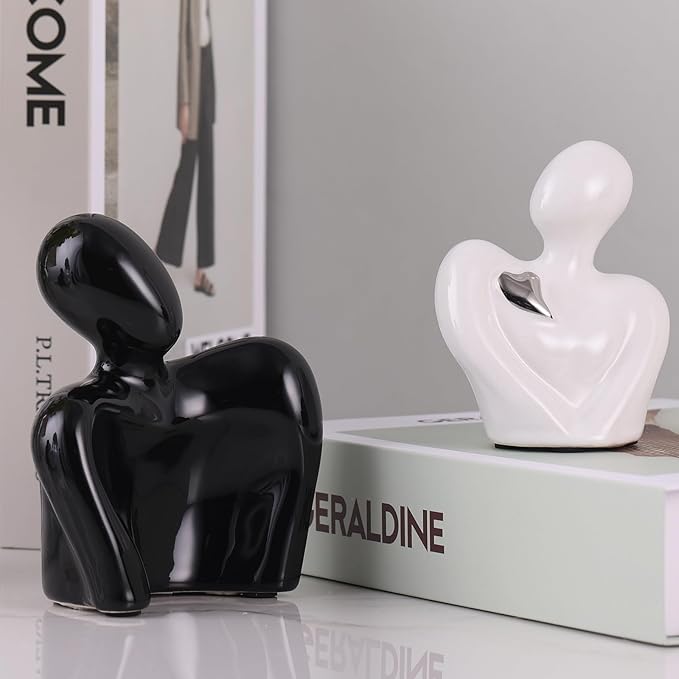 Mini Couple Statue Tv Stand Decor Items for Living Room,Bedroom Decor for Couples Sculpture Knick Knacks for Shelves,Couple Gifts for Her,Show Pieces for Home Decor (Black and White Sliver Heart)