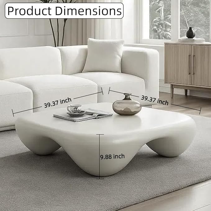 40" Cloud Modern Coffee Table with Curved Design, Fiberglass Minimalist Center Table, Contemporary Stone Accent Table for Living Room, Apartment, No Need Assembly