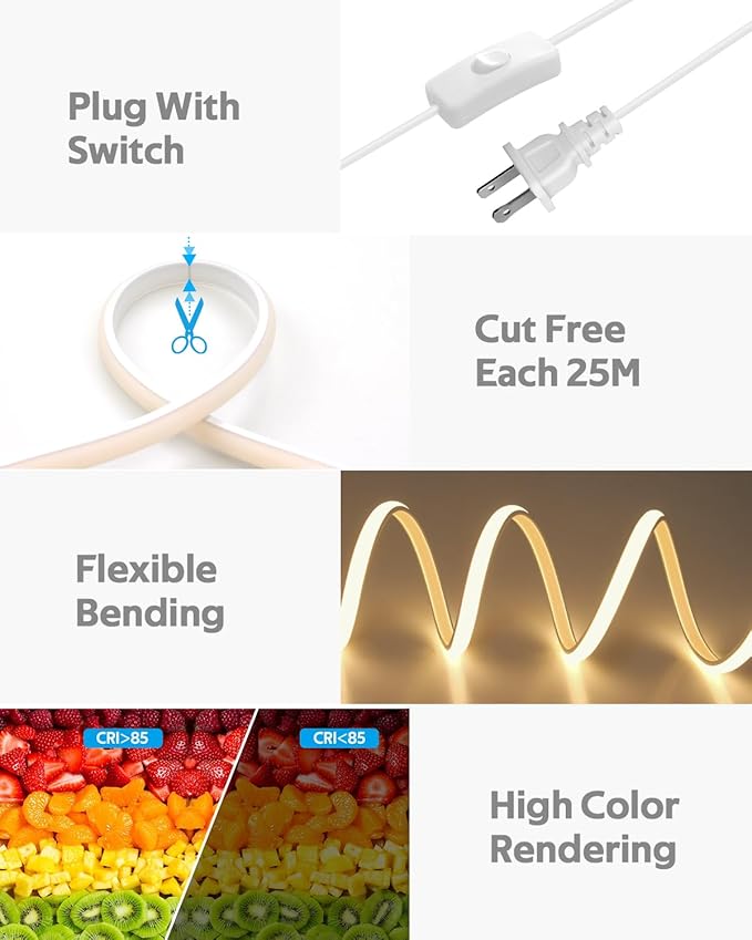 AC 110V LED COB Light Strip 65.6FT Warm White CRI 85+ Outdoor Waterproof Plug in with Switch Flexible Cuttable COB LED Rope Lights 3000K High Density 288Leds/M for Kitchen Cabinet Garden Home Decor