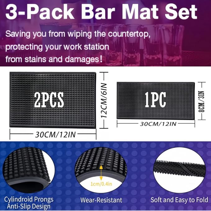 WANGCHAO Bar Mat Set - 8mm Thick Anti-Skid Non-Toxic Rubber Bar Mat for Home Bar, Countertop, Restaurants, Coffee Bar Mat - Premium Rubber Bar Service Spill Mat (3 pack) (2PCS12 "x 6" +12 "x 3")