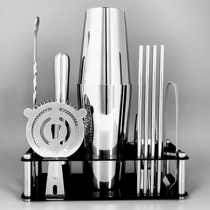 Professional Cocktail Shaker Set with Stand Cocktail Recipes, 15-Piece 750/600ml Bartender Kit, Bar Sets Bartending Kit Bar Tool Set 25/20oz Boston Shakers, Jigger, Muddler (Silver)