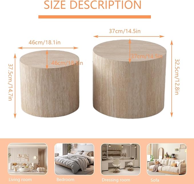 Round Coffee Table Set of 2 Modern Nesting Coffee Tables for Living Room Wave Stripe Round Coffee Table for Bedroom Office No Need Assembly (J)
