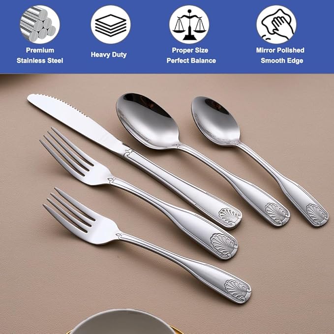 30-Piece Flatware Set, Stainless Steel Silverware Set for 6, Cutlery Set with Shell Pattern, Fork Spoon Knife Set, Dishwasher Safe