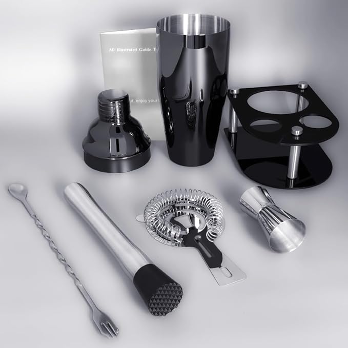 Cocktail Shaker Bartender Kit: 5 Piece Bar Tool Set, Cocktail Shaker Set with Stand, Drink Mixing Includes Martini Shaker,Strainer,Jigger,Bar Mixer Spoon,Muddler ﻿ (Black, 750ml(25oz))