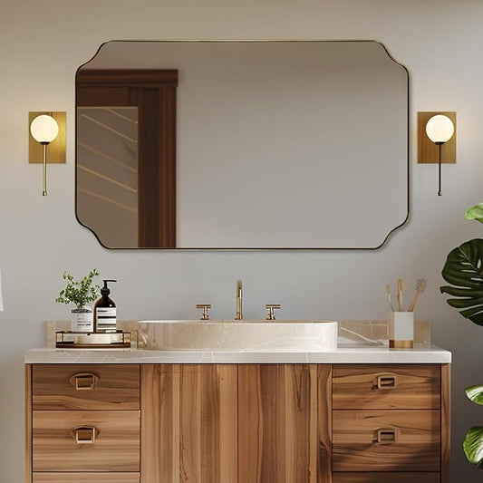 ANDY STAR 30"x48" Gold Bathroom Mirror, Large Scalloped Wall Mirror, Brushed Brass Mirror in Anti-Rust Stainless Steel Metal, Unique Scalloped Edge Design Decorative for Bathroom, Powder Room