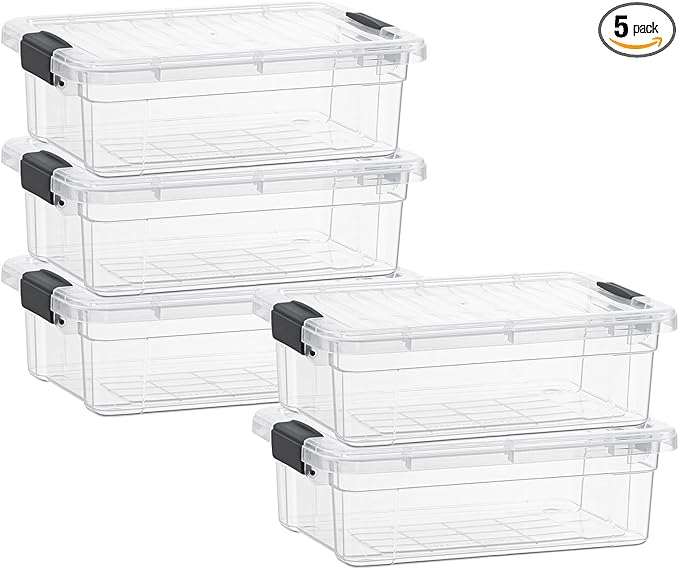 Superio Storage Bins with Lids- 5 Pack, 4.5 Qt Clear Boxes for Organizing, Stackable Plastic Containers- BPA Free, Non-Toxic, Odor Free, Organizer for Home, Office, Dorm