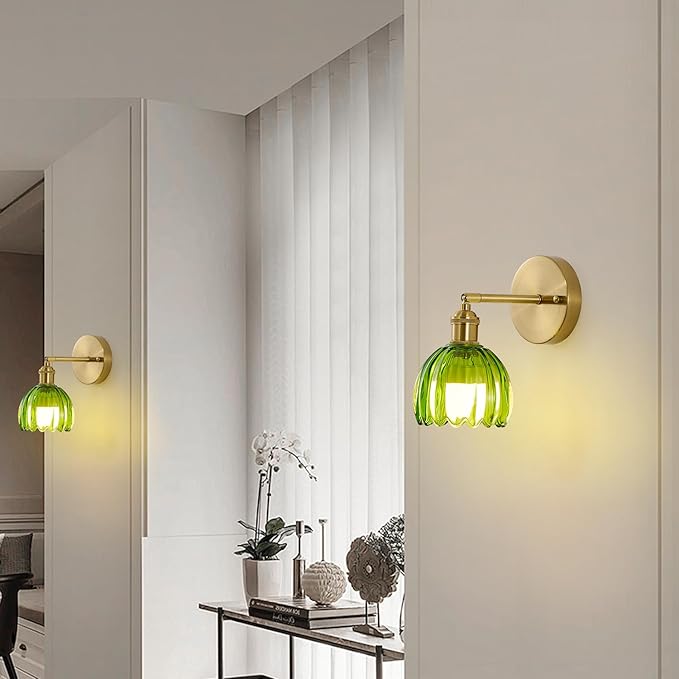 Vintage Battery Operated Wall Sconces with Remote, 180 Degree Adjustable, Modern Battery Powered Wall Lighting Fixture with Green Tulip Glass Lampshade for Bedroom Bedside Bathroom-2Pack